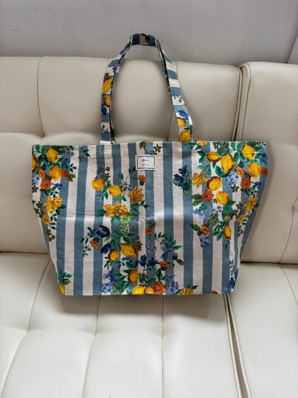 Sézane x Momonì limited edition blue stripe floral lemons print tote bag NWOT